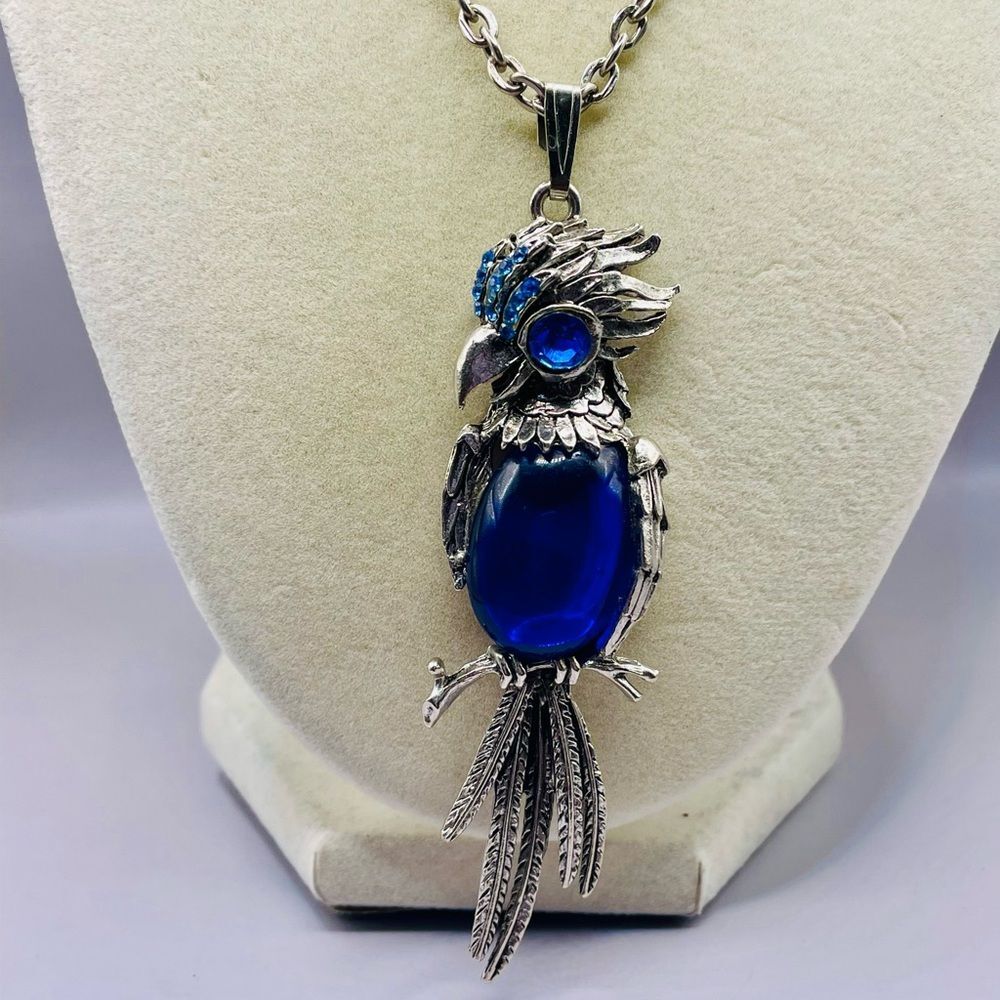 Sapphire Blue Bird Owl Pendant Necklace with Silver and Blue Crystal Details